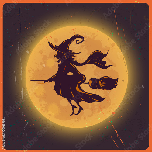Slika na platnu Halloween background with silhouette witch against moon vintage