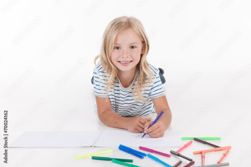 happy pretty girl drawing with pencils. happy pretty girl drawing with pencils.