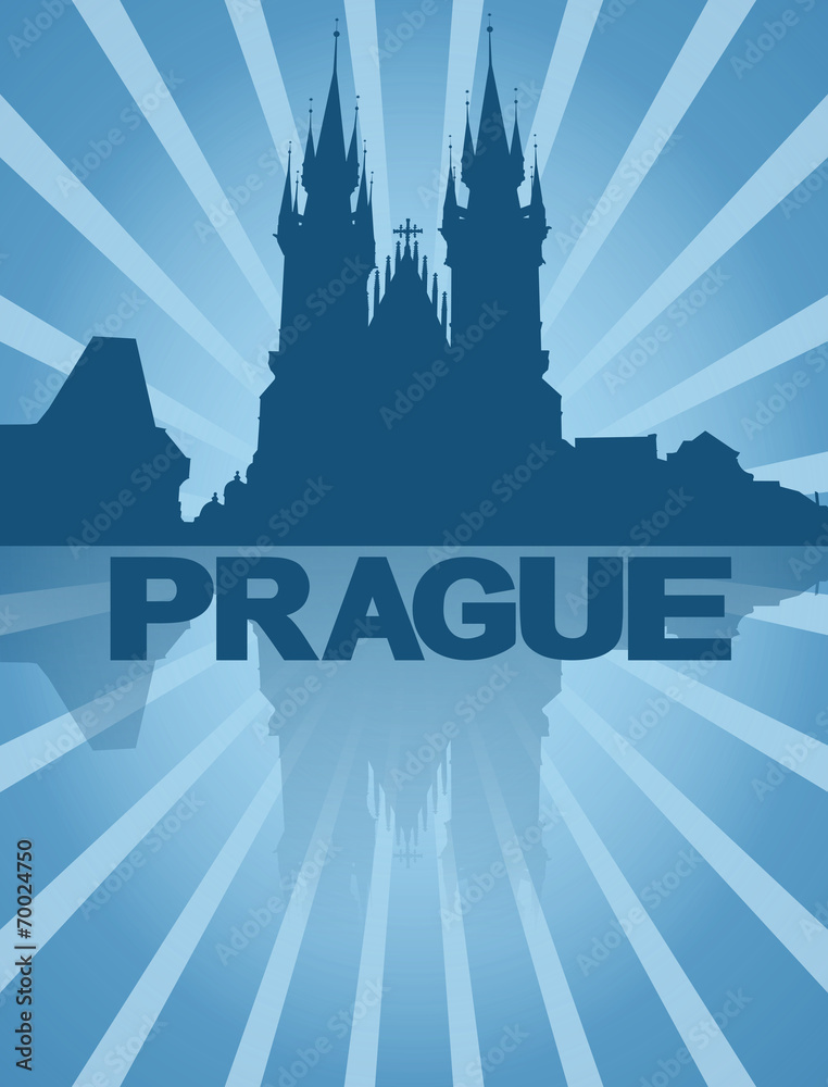 Prague skyline reflected with blue sunburst illustration