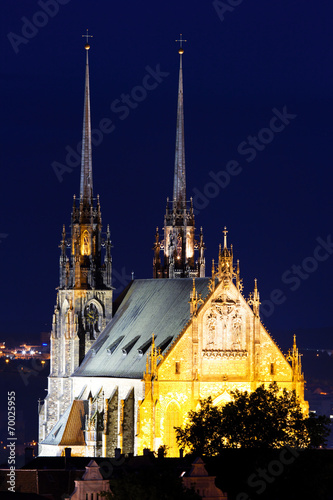 Illuminated St. Peter and Paul Cathedral at night  Brno