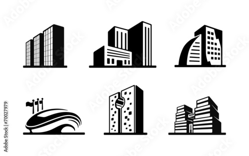 Set of black and white vector building icons