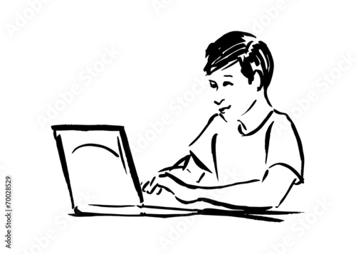 Sketch of a young boy working on computer. Vector illustration