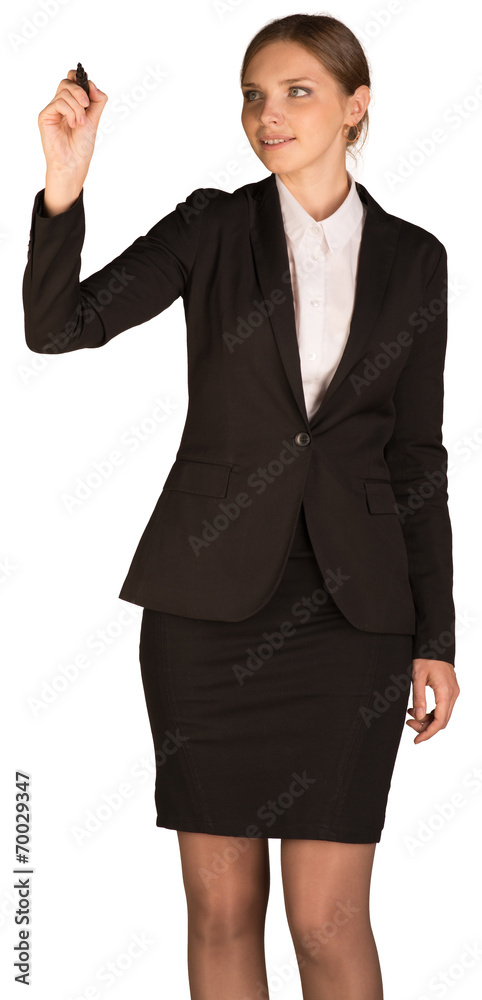 Beautiful girl in business suit holding pen and writing