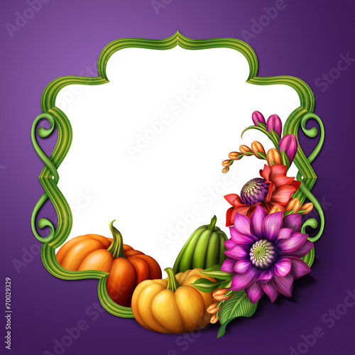 frame with autumn pumpkins and flowers  illustration