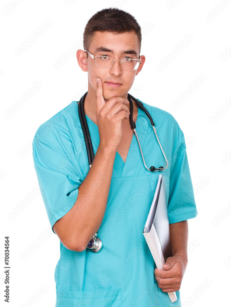 Portrait of medical male doctor with greeting gesture Portrait of medical male doctor with greeting gesture