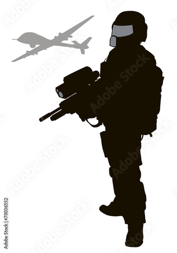 Future soldier with drone. Vector silhouette