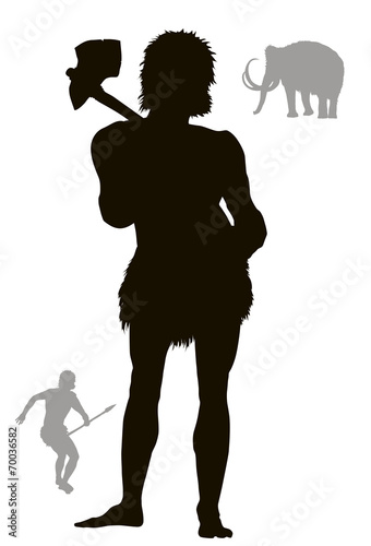 Cave man hunting. Vector silhouette