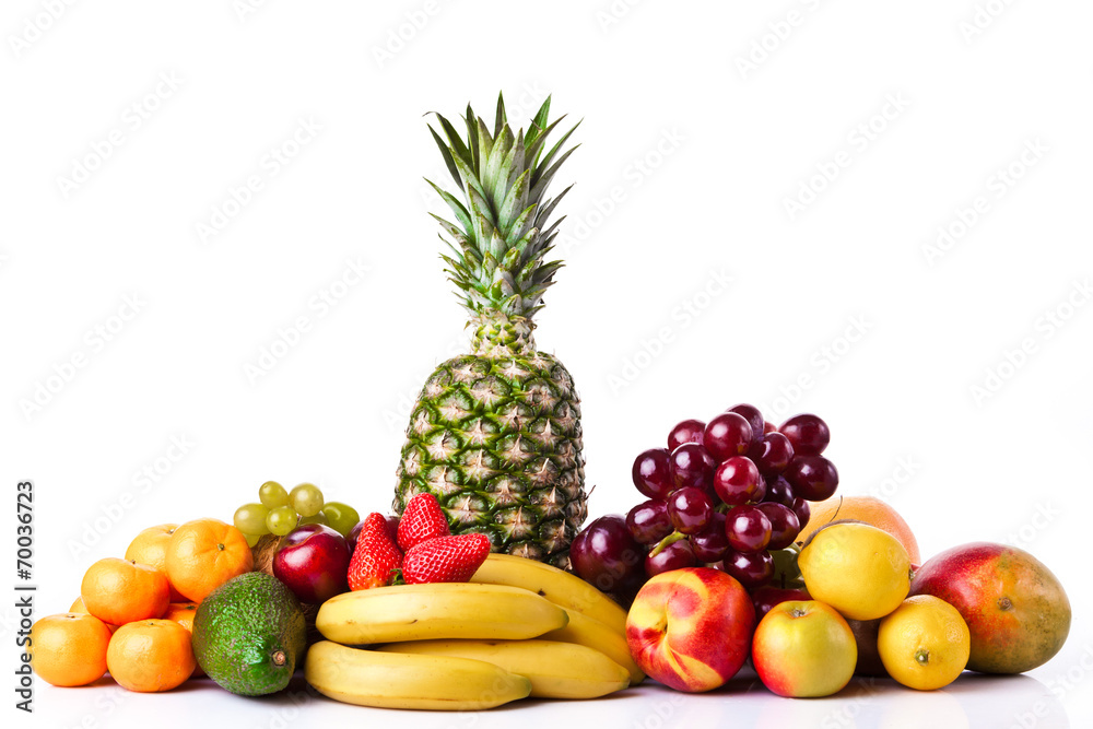 Fresh fruits isolated on a white background. Set of different fr