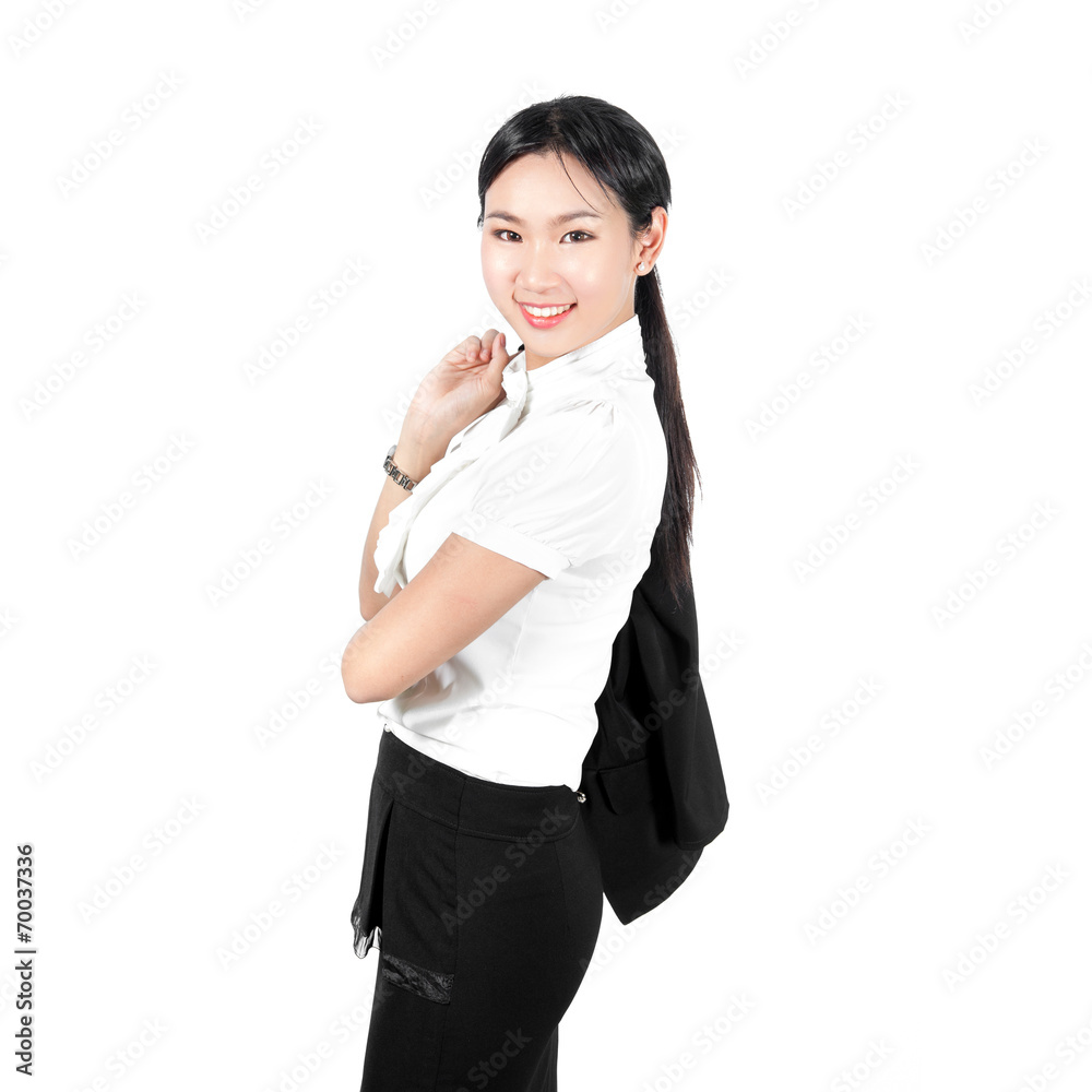 Young business woman hold jacket or suit over shoulder Young business woman hold jacket or suit over shoulder