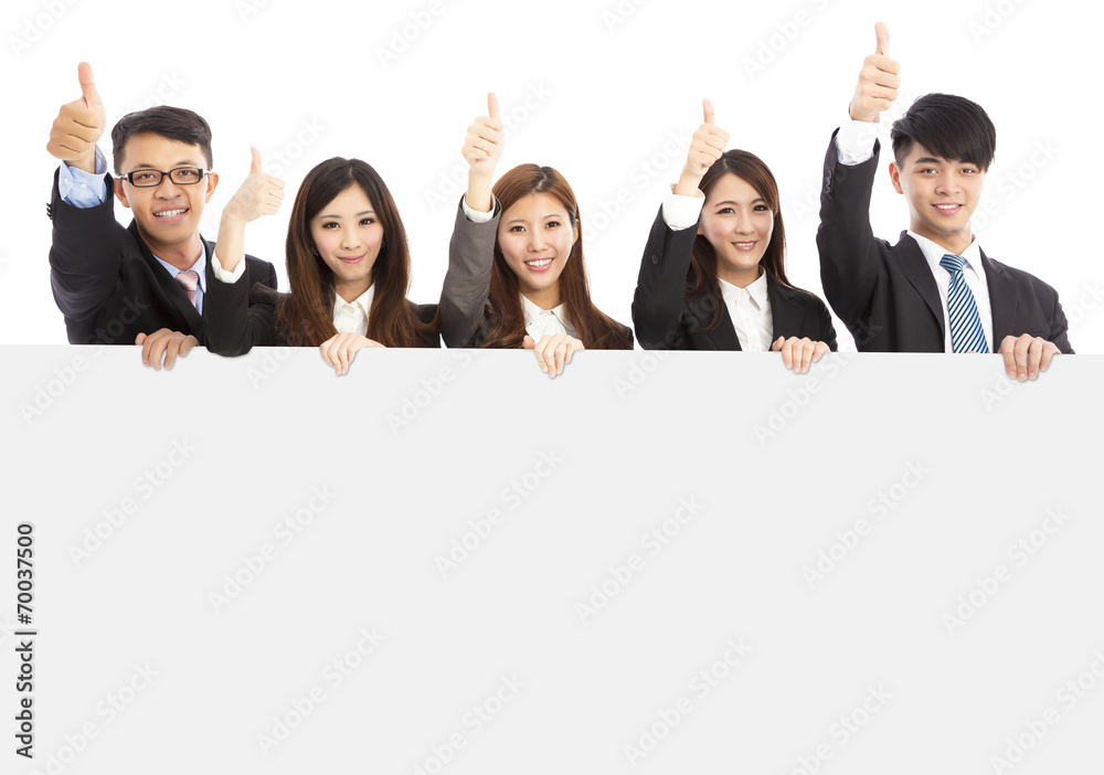asian young business people holding white board and thumb up asian young business people holding white board and thumb up