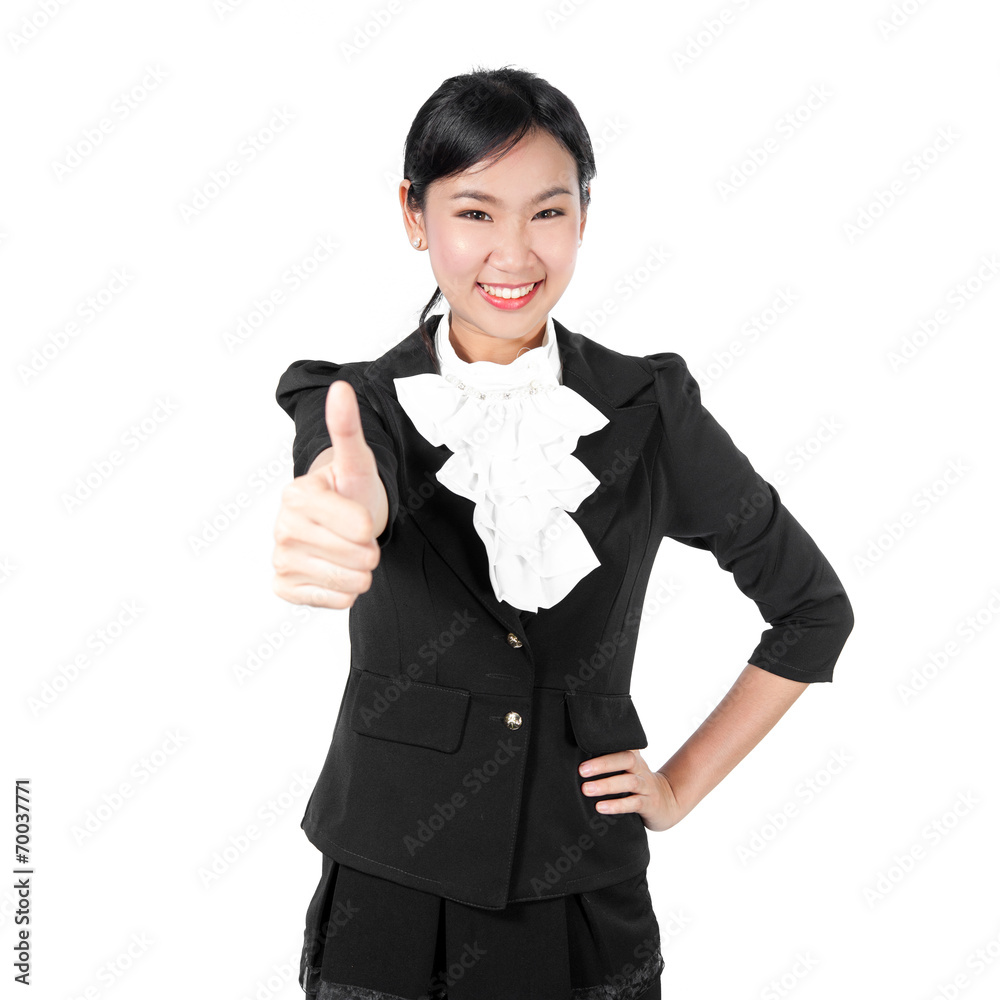 Young business woman showing like sign by thumb's up Young business woman showing like sign by thumb's up