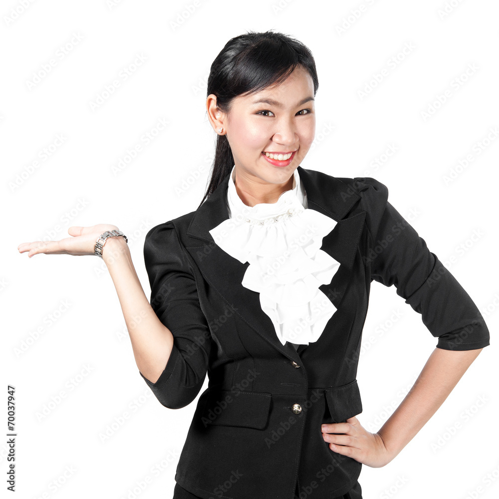 Young business woman present object