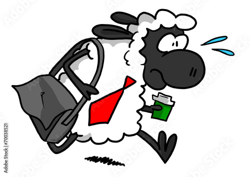 Tableau sur toile White Sheep With Coffee And Bag Rushing To Work