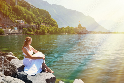 Young woman at Geneva lake  Switzerland