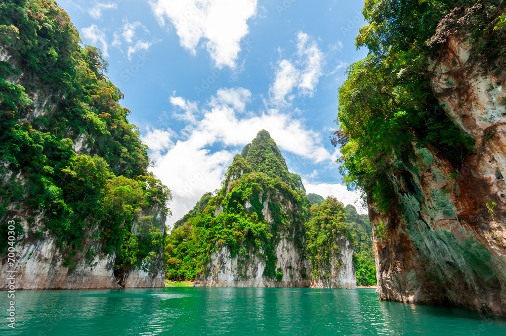 Beautiful scene of blue green clear water with rock mountain in Beautiful scene of blue green clear water with rock mountain in