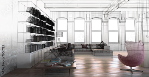 Interno soggiorno vintage con libreria openspace 3d
