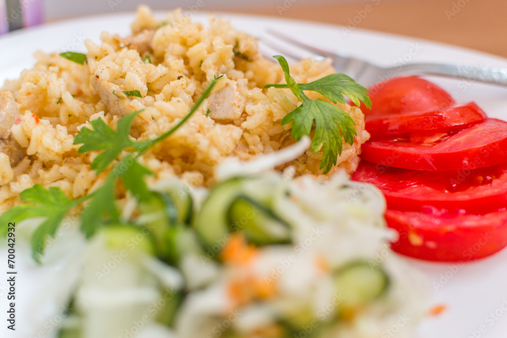 Delicious rice with pork meat and salad Delicious rice with pork meat and salad
