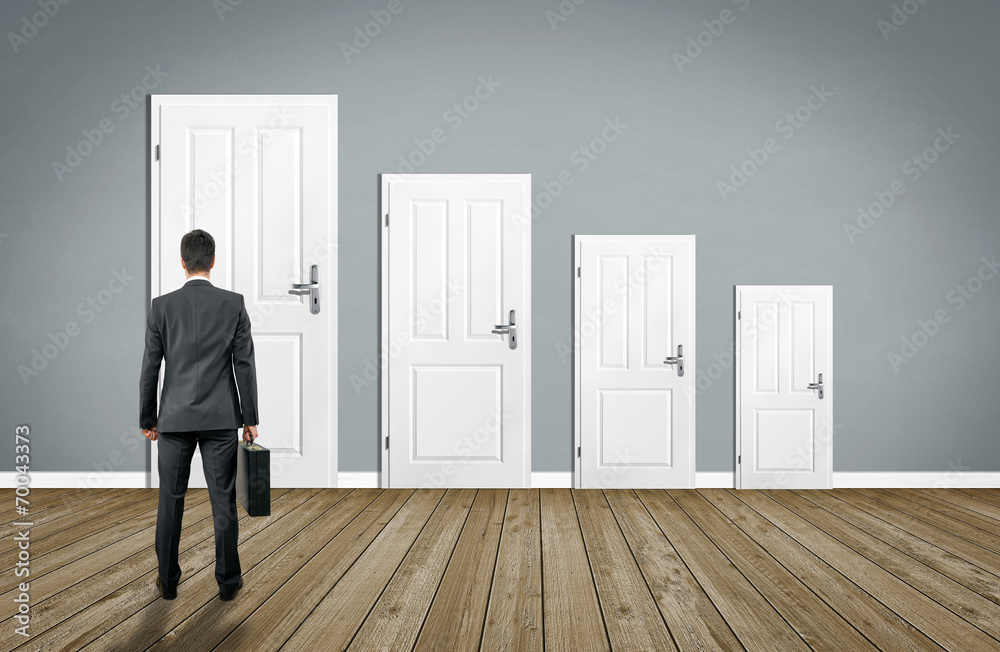 Empty Room / Wooden Floor with Businessman and Doors Empty Room / Wooden Floor with Businessman and Doors