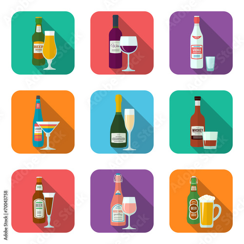 flat design alcohol bottles and glasses with shadow icons set