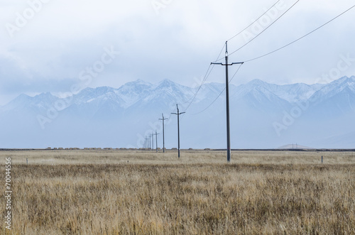 Electrical lines and pillars across the plains of upper Tibet