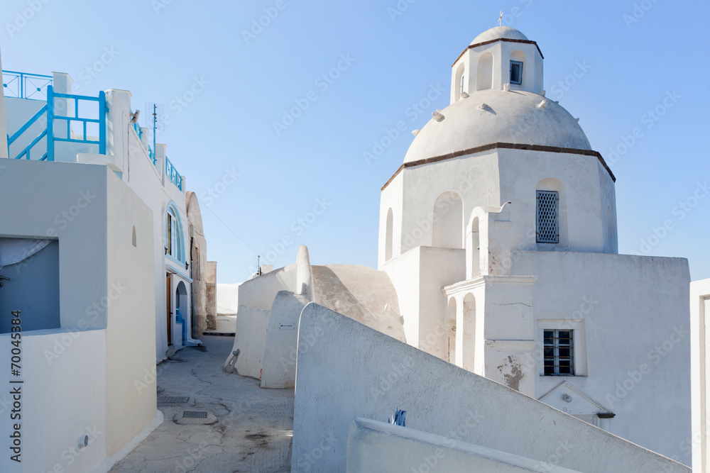 A white church in Fira on Santorini island, Greece