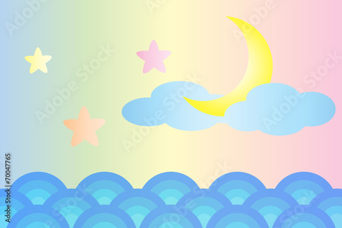 Moon and star over the sea (Pastel color style)