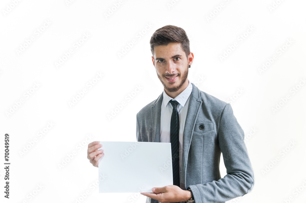 Smiling businessman holding blank card isolated on white Smiling businessman holding blank card isolated on white