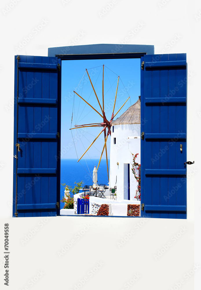 Wunschmotiv: Open traditional Greek blue window on Santorini island, Greece #70049558