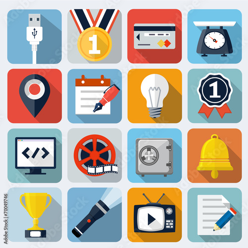 Square flat icons with long shadow, set 3