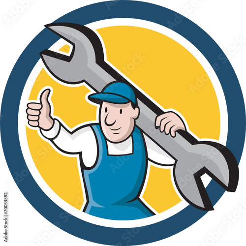 Mechanic Thumbs Up Spanner Circle Cartoon