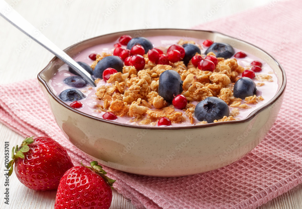 Healthy breakfast. Yogurt with granola and berries Healthy breakfast. Yogurt with granola and berries