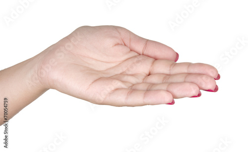 Woman open palm offering something