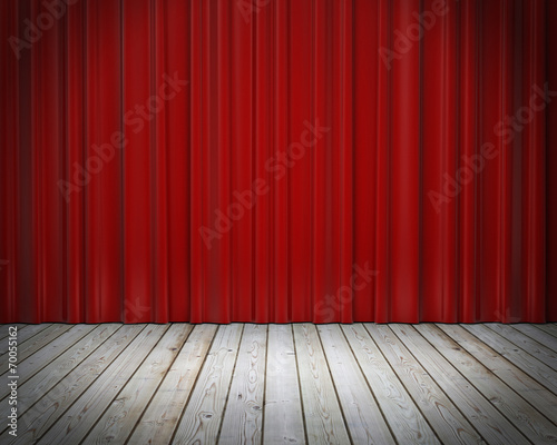 red stage curtain and wooden floor