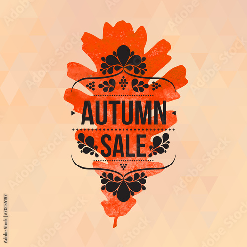 Autumn sale sign, watercolor oak leaf, typography design