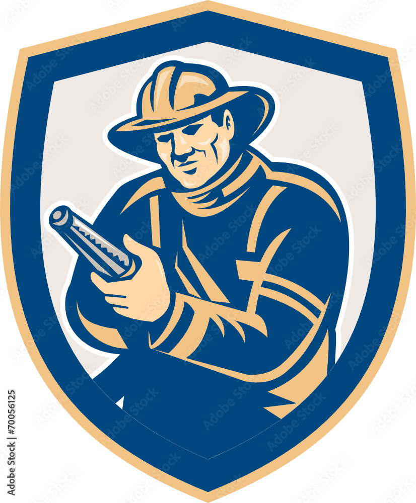 Fireman Firefighter Aiming Fire Hose Shield Retro Fireman Firefighter Aiming Fire Hose Shield Retro