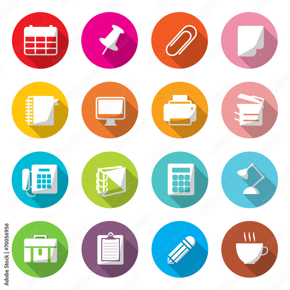 Office Equipment Circle Colorful Icons Vector.
