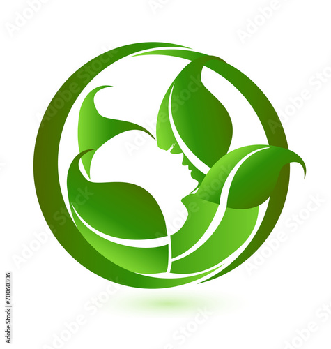 Woman in relaxation with green leafs icon logo vector