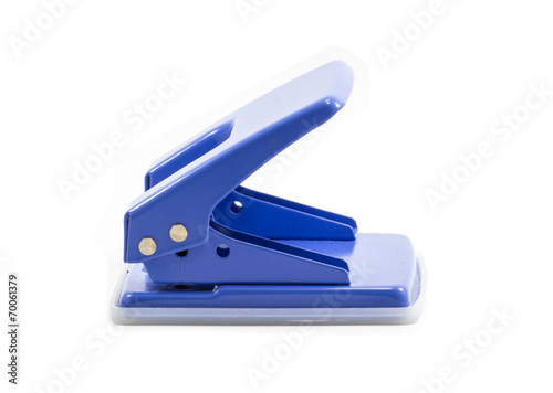 Blue office paper hole puncher isolated on white background