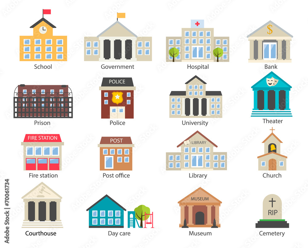 Color government buildings  icons set in flat style, vector