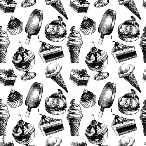 Seamless pattern with ice cream and cakes. Hand drawn sketch