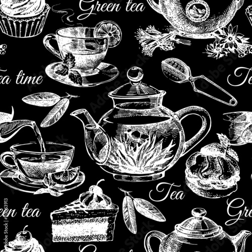 Tea and cake seamless pattern. Hand drawn sketch vector