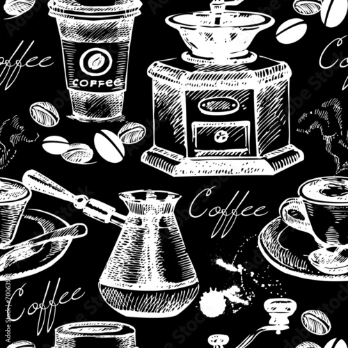 Vintage coffee seamless pattern. Hand drawn vector illustration