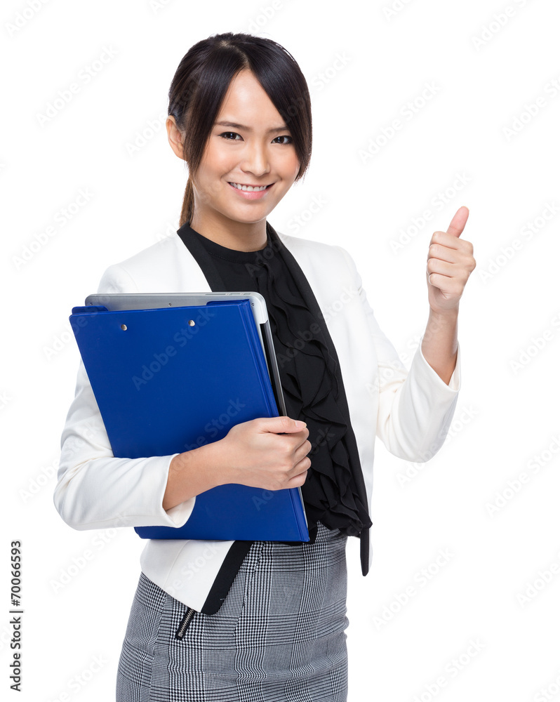 Asian businesswoman with clipboard and thumb up Asian businesswoman with clipboard and thumb up