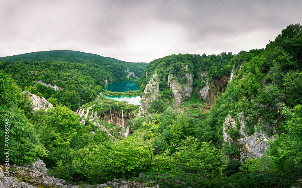 Plitvice Lakes National Park Waterfalls in the Misty Morning, Cr