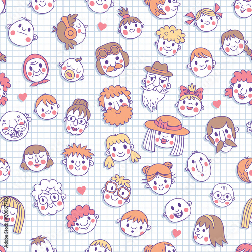 Funny cartoon faces. Seamless pattern.