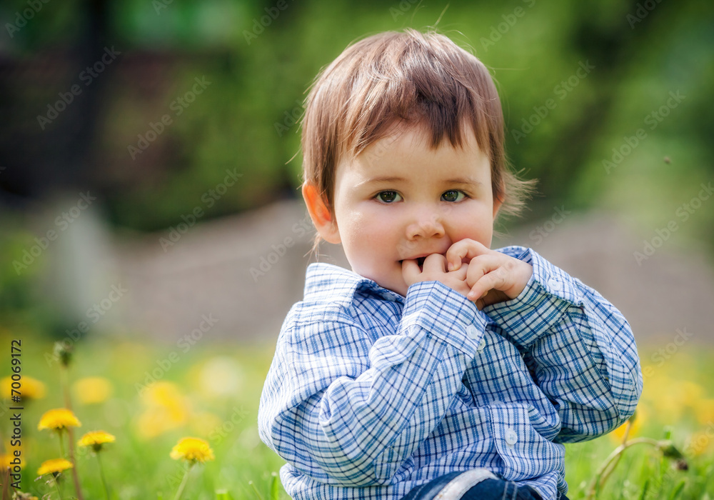 Happiness Baby boy sitting on the grass in field Happiness Baby boy sitting on the grass in field