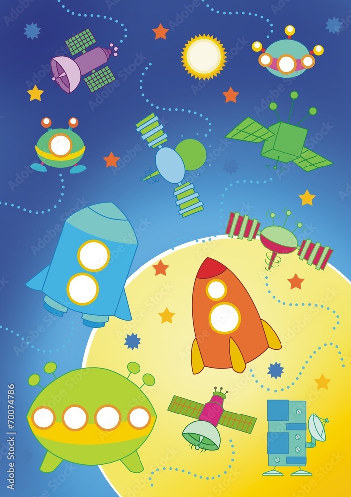 Naklejka premium Colorfull cosmos with stars, spaceships and orbits