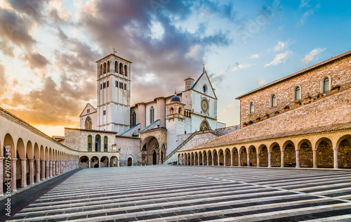 Basilica of St. Francis of Assisi at sunset, Assisi, Italy photo