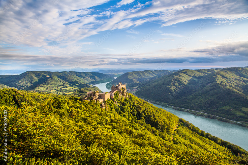 Wachau landscape with Danube river and old castle, Austria
