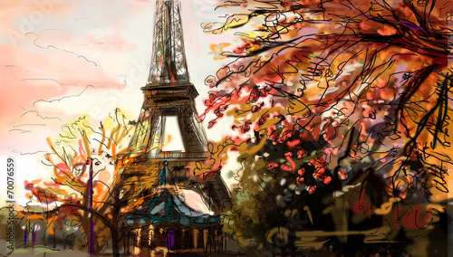 Street in paris. Eiffel tower -  illustration #70076559